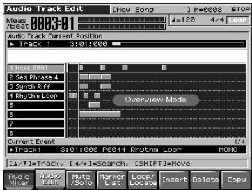 Audio Track Edit Mears 0003-01 /Beat Audio Track Current Position Track 1 3:01:000 User 0001 Seq Phrase 4 Synth Riff Rhythm Loop Overview Mode Current Event Track1 3:01:000 P0044 Rhythm Loop MOND [<<=>Track, [<=>]=Search, (SHIFT)=Move Audio Mixer Audio Edit Mute /Solo Marker List Loop/Locate Insert Delete Copy