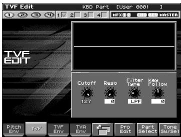 TVF Edit K&D Part [User 0001] MFX MASTER TVF EDIT Cutoff Reso Filter Type Key Follow 127 0 LPF 0 Pitch Env TVF TVF Env TVR Env Pro Edit Part Select Tone SW/SEI