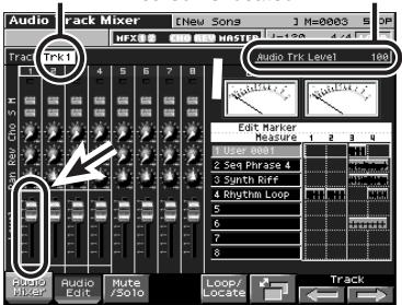 Audio Track Mixer Trk1 Audio Trk Level 180 Edit Marker Feature User Audio1 2 Seq Phrase 4 Synth Roff Rhythm Loop 5 6 7 8 Audio Mixer Audio Edit Mute /5010 Loop/ Locate Track