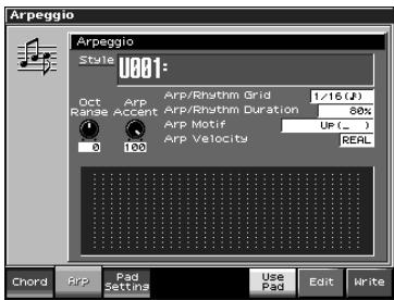 Arpeggio Style U801: Oct Range Arp Accent Arp/Rhythm Grid 1/16 (J) Arp/Rhythm Duration 58% Arp Motif UP (...) Arp Velocity REAL 0 100 Chord App Pad Settings Use Pad Edit Write
