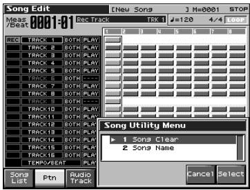 Song Edit Measure 0001:01 Rec Track 1 R G B N S P Q RCC TRACK 1 BOTH PLAY TRACK 2 BOTH PLAY TRACK 3 BOTH PLAY TRACK 4 BOTH PLAY TRACK 5 BOTH PLAY TRACK 6 BOTH PLAY TRACK 7 BOTH PLAY TRACK 8 BOTH PLAY TRACK 9 BOTH PLAY TRACK10 BOTH PLAY TRACK11 BOTH PLAY TRACK12 BOTH PLAY TRACK13 BOTH PLAY TRACK14 BOTH PLAY TRACK15 BOTH PLAY TRACK16 BOTH PLAY TEMP/SEAT PLA Music List Ptn Audio Track 1 Song Clear 2 Song Name Song Utility Menu Cancel Select