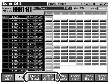 Song Edit Meas /Beat 0001-01 See Track [New Songs] J M=0001 STOP RCK 1 #=120 4/4 Store LPG TRACK 1 BOTH PLAY TRACK 2 BOTH PLAY TRACK 3 BOTH PLAY TRACK 4 BOTH PLAY TRACK 5 BOTH PLAY TRACK 6 BOTH PLAY TRACK 7 BOTH PLAY TRACK 8 BOTH PLAY TRACK 9 BOTH PLAY TRACK10 BOTH PLAY TRACK11 BOTH PLAY TRACK12 BOTH PLAY TRACK13 BOTH PLAY TRACK14 BOTH PLAY TRACK15 BOTH PLAY TRACK16 BOTH PLAY TEMPURED Songs List PC Audio Track Songs Utilities Stop Track View Track Edit Micro Edit