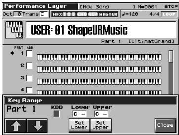 Performance Layer [New Songs] M=0001 STOP Oct 0 Trans C NFX8 0000 MRSTER #120 4/4 100 USER: 01 ShapeURMusic Part 1 [UltimatGrand] PART 1 1 2 3 4 Key Range Part 1 KBD Lower Upper C - C - Set Set Lower Upper Close