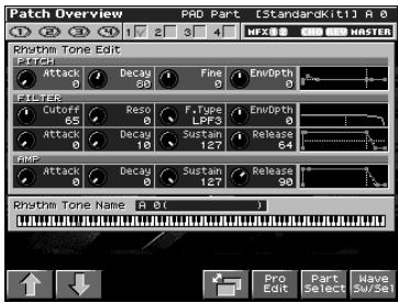 Patch Overview Rhythm Tone Edit Rhythm Attack 0 Decay 0 Fine EnvOptn FILTER Cutoff 0 Reso 0 F, Type LFF3 EnvOptn Attack 0 Decay 10 Sustan Release 64 AMP Attack 0 Decay 127 Release 90 Rhythm Tone Name R D( ) Pro Edit Part Have Select SW/58