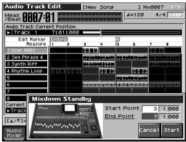 Audio Track Edit [New Songs 1 M=0007 STB] Meas/Beat 8007-01 Audio Track Current Position Track 1 7:01:000 Edit Marker Measure 1 2 3 4 5 6 7 Use Case 4 2 Seq Phase 4 3 Synth Step 4 Rhythm Loop 5 6 7 8 Mixdown Standby Current Track Start Point 3 1 000 End Point 7 1 000 Audio Mixer Cancel Start