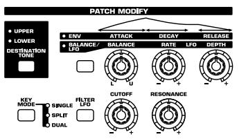 PATCH MODIFY • UPPER • LOWER DESTINATION TUNE • ENV • BALANCE F/U • ATTACK BALANCE RATE LFO • DECAV • RELEASE • DEPTH • DEPT • CUTOFF • RESONANCE • U • V • + - KEY MODE • SINGLE • SPLIT • DUAL