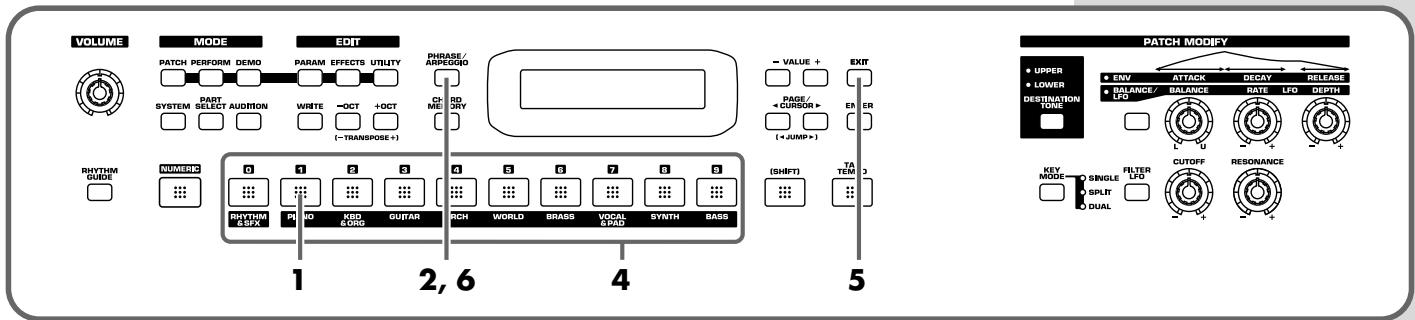 VOLUME MODE EDIT RHYRASE/ ARPEGGIO PHASE/ARPEGGIO PART PERFORM DEMO PARAM EFFECTS UTILITY SYSTEM SELECT AUDITON WRITE -OCT +OCT (-TRANSPROSE+) Ch MEI B0 DRY -VALUE + PAGE/ +CURSOR+ (+JUMP+) EXIT ER ER RHYTHM GUIDE NUMERIC 0 1 2 3 4 5 6 7 8 9 RHYTHM S.FX PI NO KED S.ORG GUTAR RICH WORLD BRASS VOCAL SPAD SYNTH BASS 1 2,6 4 5 (SHIFT) TA TEM C 5 PATCH MODIFY UPPER LOWER DESTINATION TONE ENV ATTACK DECAY RELEASE BALANCE/ BALANCE RATE LFO DEPTH U KEY MODE SINGLE FILTER CUTOFF RESONANCE SPLIT DUAL