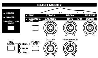 PATCH MODIFY • UPPER • LOWER DESTINATION TUNE • ENV • BALANCE/ LFD • ATTACK BALANCE RATE LFD RELEASE • DEATH • CUTOFF • RESONANCE • SINGLE • SPLIT • DUAL