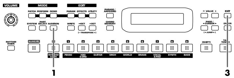 VOLUME MODE EDIT PHRASE/ ASPEGOD − VALUE + EXIT PATCH PERFORM DEMO PARAM EFFECTS UTILITY PHRASE/ ASPEGOD SYSTEM PART SELECT AUDITON WRITE −OCT +OCT CHORD MEMORY PAGE/ (←JUMP+) EN ER (+JUMP+) RHYTHM GUIDE NUMERIC 1 2 3 4 5 6 7 8 9 (NSHIFT) T0 TEM 0 RVVS NIMX PIANO KBD &ORG GUITAR ORCH WORLD BRASS VOCAL &PAD SYNTH BASS 1 3