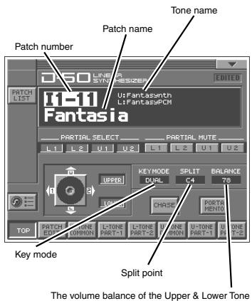 Patch number Patch name Tone name i=11 Fantasia PARTIAL SELECT L1 L2 U1 U2 L1 L2 U1 U2 UPPER KEYMODE SPLIT BALANCE DUAL C4 78 UPPER CHASE POSTA MENTO TOP PATCH ONE R/PROM COMMON I-TONE R/B/T-1 I-TONE R/B/T-2 B/ONE U-TONE R/B/T-1 B/ONE U-TONE R/B/T-1 B/ONE Split point The volume balance of the Upper & Lower Tone
