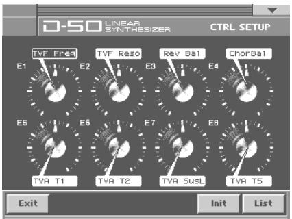 D-50 LINEAR SYNTHESIZER CTRL SETUP TVF Fresd E1 E2 TVF Reso E3 Rev Bal E4 ChorBal E5 E6 E7 E8 TVA T1 TVA T2 TVA SusL TVA T5 Exit Init List