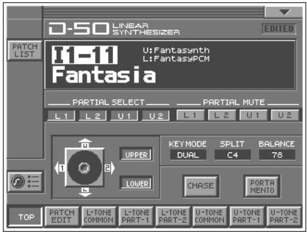 D-50 LINEAR SYNTHESIZER EDITED MATCH LIST 11-11 U:Fantasynth L:FantasyPCM Fantasia PARTIAL SELECT PARTIAL MUTE L1 L2 U1 U2 L1 L2 U1 U2 UPPER KEY MODE SPLIT BALANCE DUAL C4 78 LOWER CHASE PORTA MENTO TOP PATCH EDIT L-TONE COMMON L-TONE PART-1 PART-2 U-TONE COMMON U-TONE PART-1 U-TONE PART-2