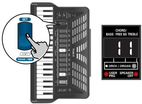 SET SHIFT PARAM / MAX Chord/ BASS FREE BS TREBLE ORCH / ORGAN USER PRG SPEAKER OFF