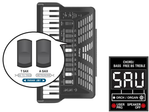 T SAX A SAX BSS TO TREE METRONOME PARAM LIST CHORD/ BASS FREE BS TREBLE 5.8V ORCH / ORGAN USER PRG SPEAKER OFF