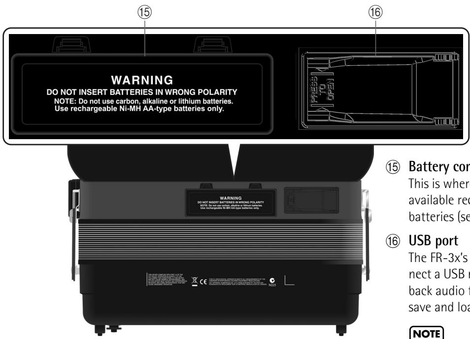 WARNING DO NOT INSERT BATTERIES IN WRONG POLARITY NOTE: Do not use carbon, alkaline or lithium batteries. Use rechargeable Ni-MH AA-type batteries only. WARNING DO NOT INSERT BATTERIES IN WRONG POLARITY NOTE: Do not use carbon, alkaline or lithium batteries. Use rechargeable Ni-MH AA-type batteries only. ⑮ Battery con This is where available rec batteries (se ⑯ USB port The FR-3x's nect a USB m back audio t save and loa NOTE