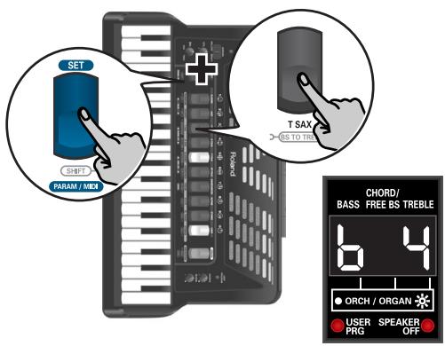 SET SHIFT PARAM / MEX T SAX > AS TO TRELE Chord/ BASS FREE BS TREBLE 64 ORCH / ORGAN USER PRG SPEAKER OFF