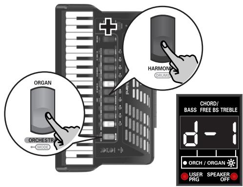 ROLAND FR-3XB WH - To add drum/percussion sounds to the bass and chord section (or to remove them again), hold down the [ORGAN/ORCHESTRA] register and press treble register [6] (DRUMS). - 1