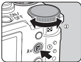 PENTAX Q - When set to M mode, press the Av button (①), and then turn the e-dial (②) to change the aperture value. - 1