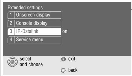 Extended settings 1 Onscreen display 2 Console display 3 IR-Datalink on 4 Service menu select and choose exit back