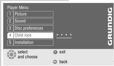Player Menu 1 Picture 2 Sound 3 Disc preferences 4 Child lock 5 Installation select and choose exit back GRUNDIG