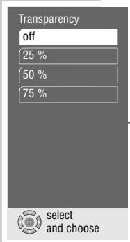 Transparency off 25 % 50 % 75 % select and choose