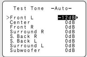 Test Tone -Auto- >Front L -12dB Center 0dB Front R 0dB Surround R 0dB S. Back R 0dB S. Back L 0dB Surround L 0dB Subwoofer 0dB