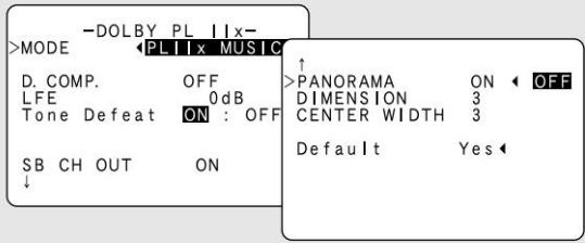 -DOLBY PL 11x- >MODE PLI x MUSIC D. COMP. OFF LFE 0dB Tone Defeat ON : OFF SB CH OUT ON ↑ >PANORAMA ON OFF DIMENSION 3 CENTER WIDTH 3 Default Yes