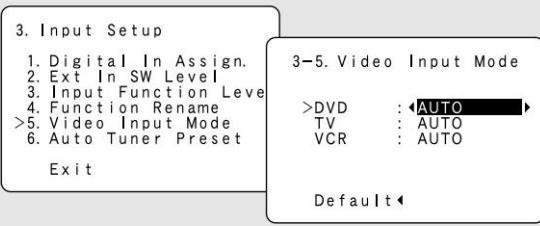 3. Input Setup 1. Digital In Assign. 2. Ext In SW Level 3. Input Function Level 4. Function Rename >5. Video Input Mode 6. Auto Tuner Preset Exit 3-5. Video Input Mode >DVD : AUTO TV : AUTO VCR : AUTO Default
