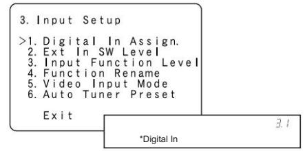 3. Input Setup >1. Digital In Assign. 2. Ext In SW Level 3. Input Function Level 4. Function Rename 5. Video Input Mode 6. Auto Tuner Preset Exit *Digital In 3.1
