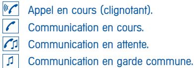 Appel en cours (clignotant). Communication en cours. Communication en attente. Communication en garde commune.