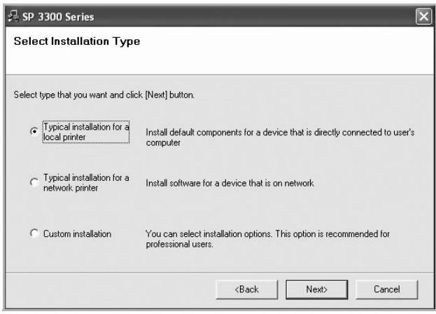 RICOH AFICIO SP 3300DN - Select Typical installation for a local printer. Click Next. - 1