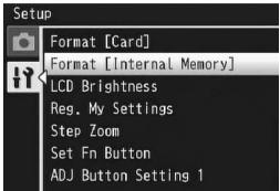 RICOH CX2 - Press the ADJ./OK button ▼ to select [Format [Internal Memory]] and press the button ▶. - 1