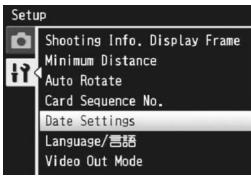 RICOH CX2 - Press the ADJ./OK button ▼ to select [Date Settings] and press the button ▶. - 1