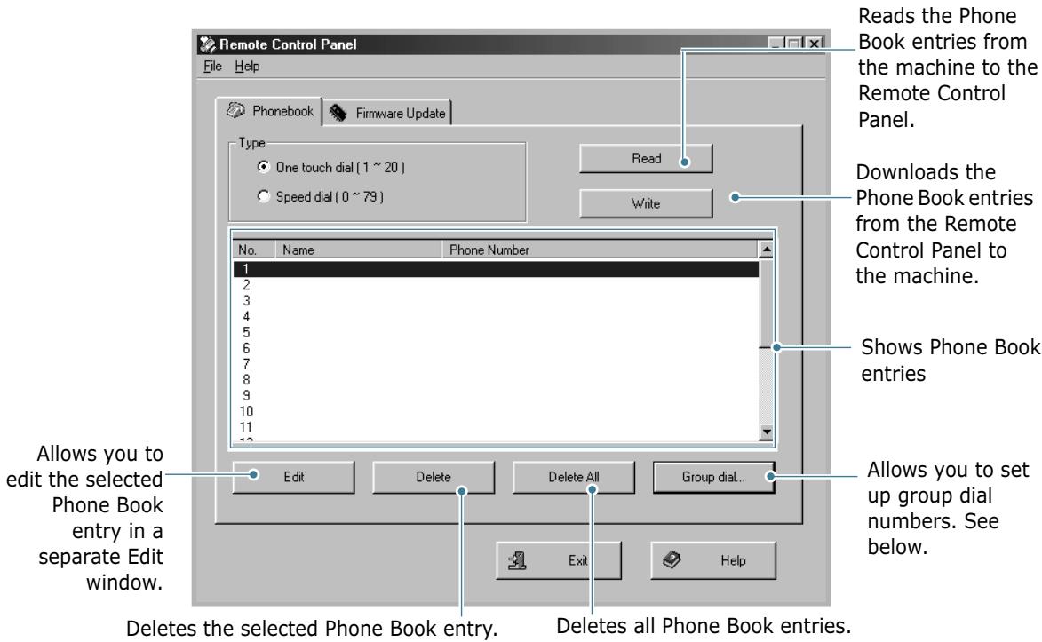 Remote Control Panel File Help Phonebook Firmware Update Type One touch dial (1 ~ 20) Speed dial (0 ~ 79) Read Write No. Name Phone Number 1 2 3 4 5 6 7 8 9 10 11 12 Reads the Phone Book entries from the machine to the Remote Control Panel. Downloads the Phone Book entries from the Remote Control Panel to the machine. Shows Phone Book entries Allows you to edit the selected Phone Book entry in a separate Edit window. Edit Delete Delete All Group dial... Exit Help Deletes the selected Phone Book entry. Deletes all Phone Book entries. Allows you to set up group dial numbers. See below.