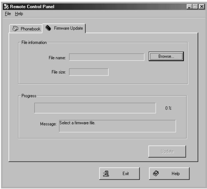 Remote Control Panel File Help Phonebook Firmware Update File information File name: Browse... File size: Progress 0% Message: Select a firmware file. Update Exit Help