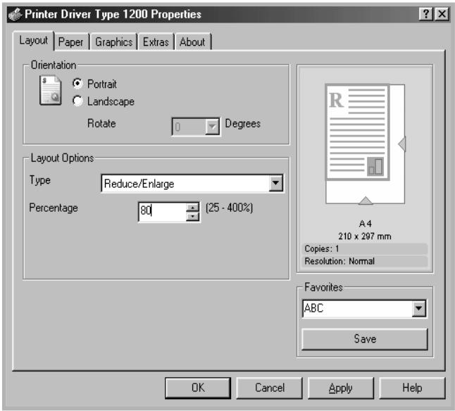 Printer Driver Type 1200 Properties Layout Paper Graphics Extras About Orientation Portrait Landscape Rotate 0 Degrees Layout Options Type Reduce/Enlarge Percentage 80 (25 - 400%) A4 210 x 297 mm Copies: 1 Resolution: Normal Favorites ABC Save OK Cancel Apply Help