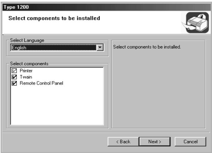 Type 1200 Select components to be installed Select Language English Select components to be installed. Printer Twain Remote Control Panel < Back Next > Cancel
