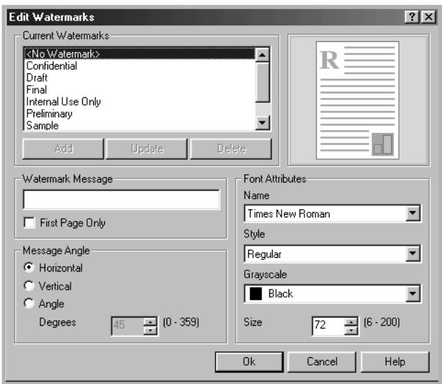 Edit Watermarks Current Watermarks Confidential Draft Final Internal Use Only Preliminary Sample Add Update Delete Watermark Message First Page Only Message Angle Horizontal Vertical Angle Degrees 45 (0 - 359) Font Attributes Name Times New Roman Style Regular Grayscale Black Size 72 (6 - 200) Ok Cancel Help