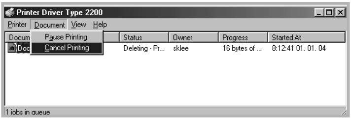 Printer Driver Type 2200 Printer Document View Help Docum Pause Printing Status Owner Progress Started At Doc Cancel Printing Deleting - Pr... sklee 16 bytes of ... 8:12:41 01.01.04 1 jobs in queue