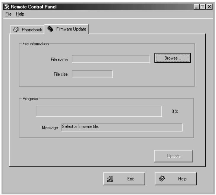 Remote Control Panel File Help Phonebook Firmware Update File information File name: Browse... File size: Progress 0 % Message: Select a firmware file. Update Exit Help