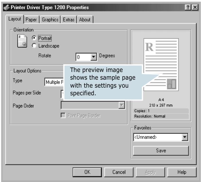 Printer Driver Type 1200 Properties Layout Paper Graphics Extras About Orientation Portrait Landscape Rotate 0 Degrees Layout Options Type Multiple F Pages per Side Page Order Print Page Border The preview image shows the sample page with the settings you specified. A4 210 x 297 mm Copies: 1 Resolution: Normal Favorites Save OK Cancel Apply Help