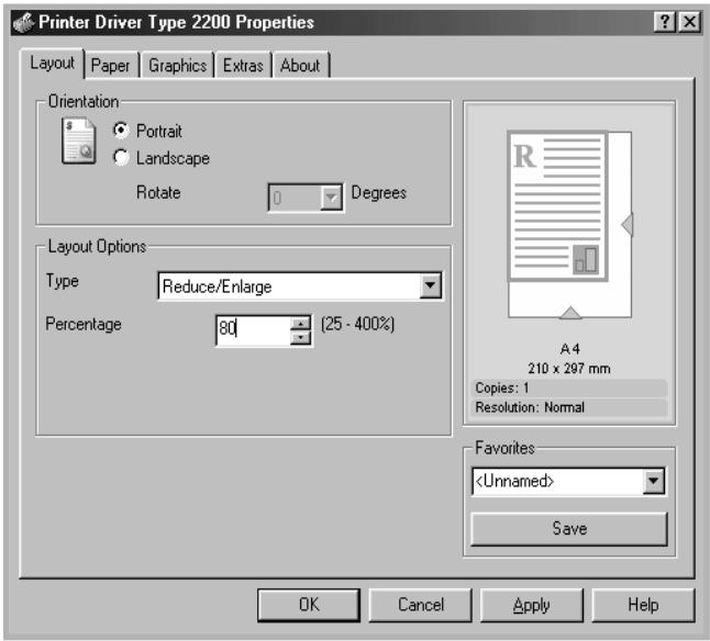 Printer Driver Type 2200 Properties Layout Paper Graphics Extras About Orientation Portrait Landscape Rotate 0 Degrees Layout Options Type Reduce/Enlarge Percentage 80 (25 - 400%) A4 210 x 297 mm Copies: 1 Resolution: Normal Favorites Save OK Cancel Apply Help
