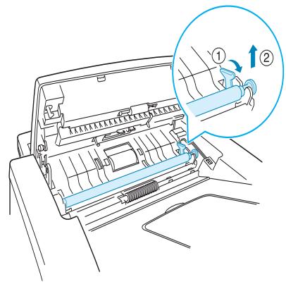 Diagram showing a printer's internal structure with labeled parts and directional arrows indicating movement or assembly.