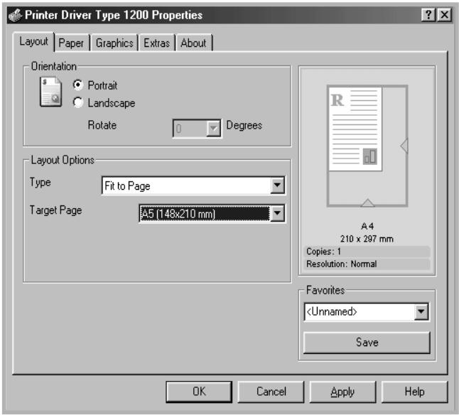 Printer Driver Type 1200 Properties Layout Paper Graphics Extras About Orientation Portrait Landscape Rotate 0 Degrees Layout Options Type Fit to Page Target Page A5 (148x210 mm) A4 210 x 297 mm Copies: 1 Resolution: Normal Favorites Save OK Cancel Apply Help