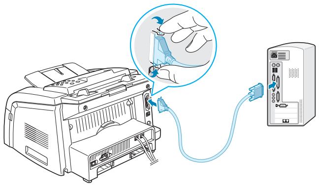 Diagram showing printer connection to server with magnified detail highlighting a hand holding a clip near the printer's cable.