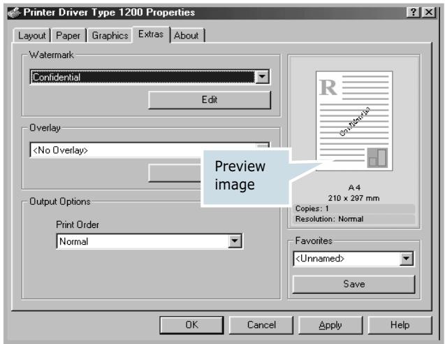 Printer Driver Type 1200 Properties Layout Paper Graphics Extras About Watermark Confidential Edit Overlay Output Options Print Order Normal Preview image A4 210 x 297 mm Copies: 1 Resolution: Normal Favorites Save OK Cancel Apply Help
