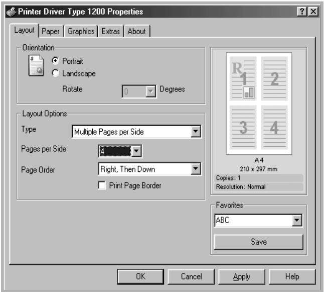 Printer Driver Type 1200 Properties Layout Paper Graphics Extras About Orientation Portrait Landscape Rotate 0 Degrees Layout Options Type Multiple Pages per Side Pages per Side 4 Page Order Right, Then Down Print Page Border A4 210 x 297 mm Copies: 1 Resolution: Normal Favorites ABC Save OK Cancel Apply Help
