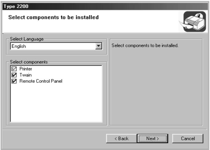 Type 2200 Select components to be installed Select Language English Select components Printer Twain Remote Control Panel Select components to be installed. < Back Next > Cancel