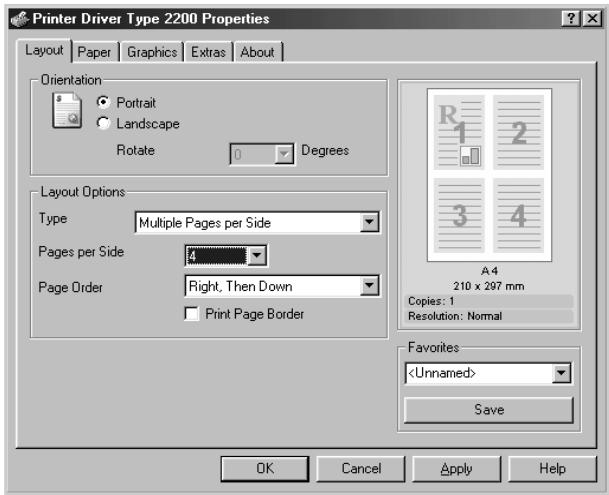 Printer Driver Type 2200 Properties Layout Paper Graphics Extras About Orientation Portrait Landscape Rotate 0 Degrees Layout Options Type Multiple Pages per Side Pages per Side 4 Page Order Right, Then Down Print Page Border A4 210 x 297 mm Copies: 1 Resolution: Normal Favorites Save OK Cancel Apply Help