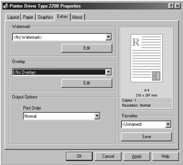 Printer Driver Type 2200 Properties Layout Paper Graphics Extras About Watermark Edit Overlay Edit Output Options Print Order Normal A4 210 x 297 mm Copies: 1 Resolution: Normal Favorites Save OK Cancel Apply Help